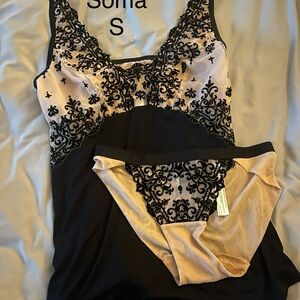 Soma Black and Cream Lace Chemise Set